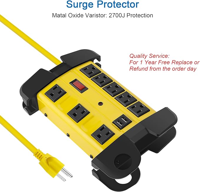 Heavy Duty Power Strip with USB, Workshop 8 Outlet Surge Protector 2700 Joules, Industrial Metal 15Amp Power Strip, 12 FT Extension Cord and Wide Spaced.