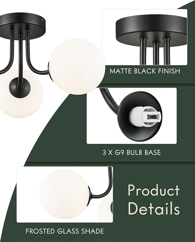 3-Globe Black Flush Mount Ceiling Light in a Modern Farmhouse Design is Ideal for Living Rooms, Bedrooms, or Dining Rooms. Model:CKCL4845-3W-BK