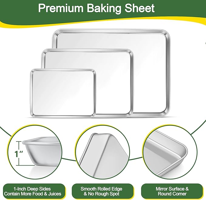 E-far Baking Pans Set of 3, 16/12.5/9.3 Inch Stainless Steel Cookie Sheet Pan for Oven, Bakeware for Brownie Lasagna Casserole Cake, Non Toxic & Easy Clean