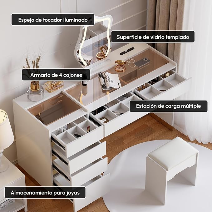 homary Vanity Desk Set with LED Mirror, Makeup Vanity with Power Outlet and Tempered Glass Top, Makeup Table with 6 Drawers, 3 Lighting Modes Vanity Table with Chair for Bedroom (White)