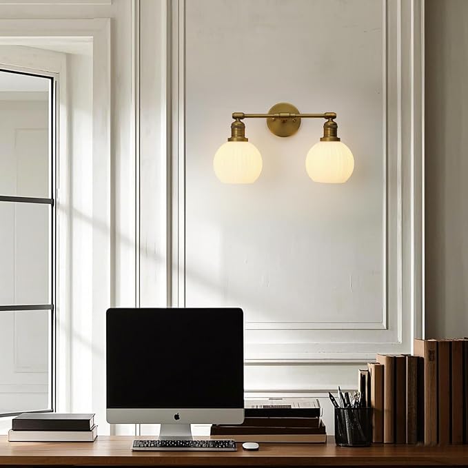 Vintage 2-Lights Wall Sconce with Milk White Glass Globe Shade, Hardwired Indoor Wall Light Fixture for Bathroom Vanity Living Room Bedroom