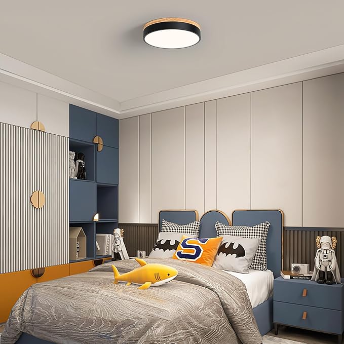 Modern Dimmable LED Close to Ceiling Light Minimalist Wood Oak Flush Mount Ceiling Light Fixture Circle Lighting for Bedroom Kitchen Bathroom Laundry Room (Black, 11.8'')
