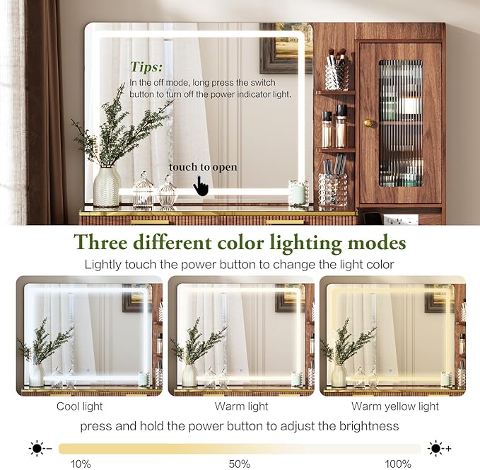 47.24" Big Modern Vanity Desk with Mirror and Lights,Makeup Vanity Desk with 5 Drawers and Storage Shelves & Power Outlet,Dressing Table with Glass Top, Brown