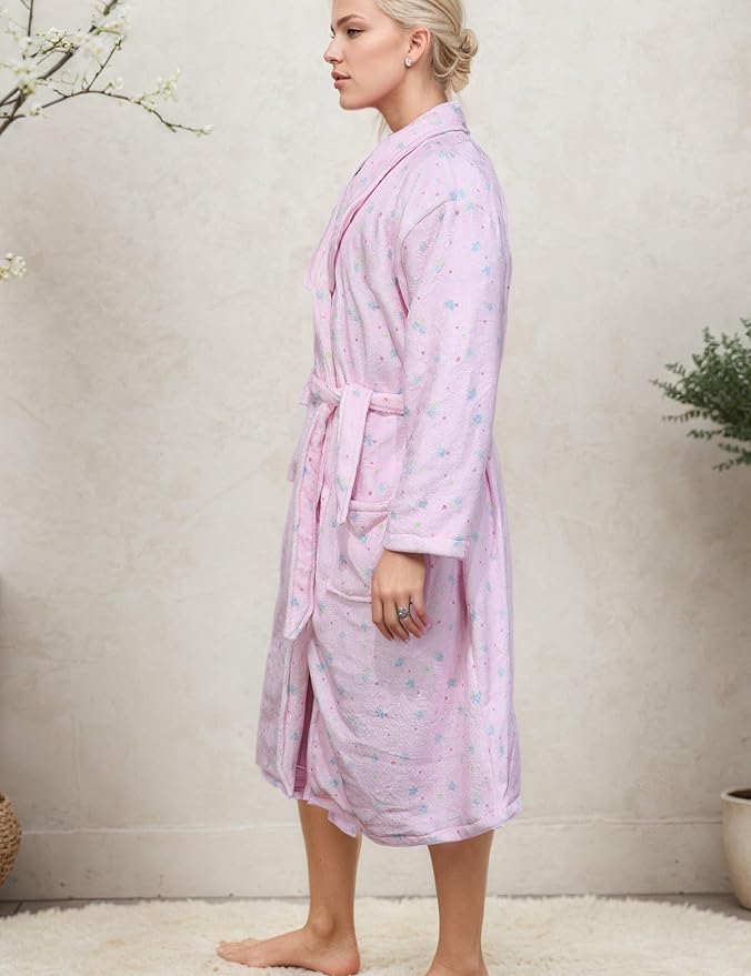 Women Fleece Floral Fruit Print Bathrobe Soft Flannel Lounge Robe Cute Fall Robe Lightweight Warm Gown with Belt