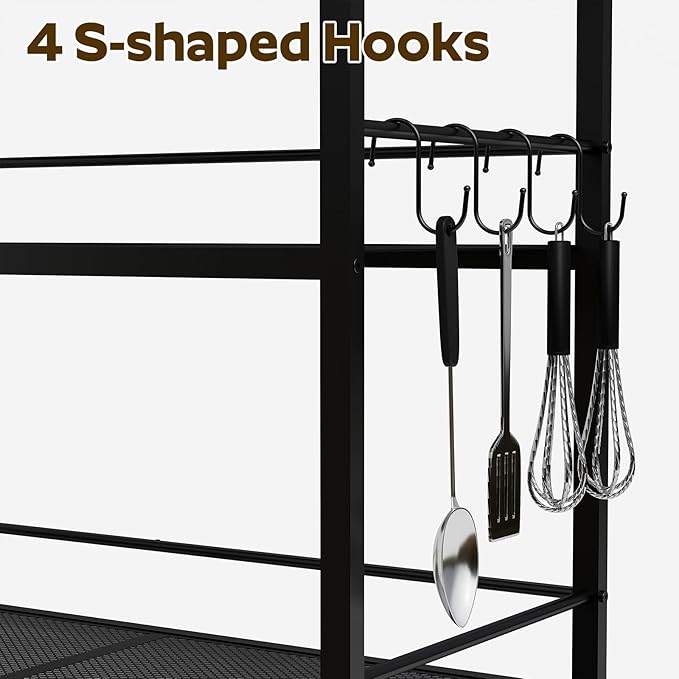 Kitchen Island with 3 Shelves, Kitchen Island with Power Outlet, Kitchens Storage Rack with 4 S Hooks, Microwave Stand and Coffee Bar Station for Dining Room, Greige and Black KIHG91E01