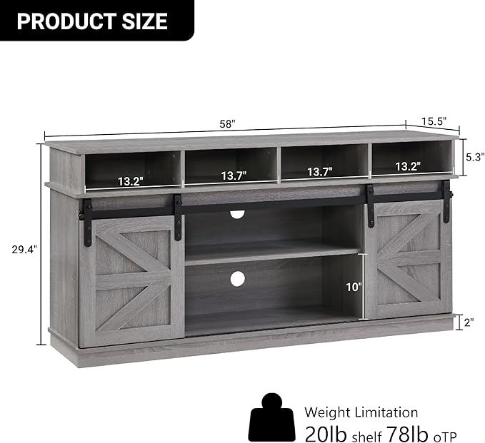 Softa 58" TV Stand, Modern & Farmhouse Wood Entertainment Center for TVs Up to 65", with Sliding Barn Door, Storage Cabinet Table, Adjustable Shelves (Gray)