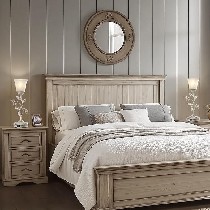 RORIANO Set of 2 Rustic Touch Table Lamps for Bedroom, 3-Way Dimmable Nightstand Flower Lamp with 2 USB Ports, Retro White Glass Shade Leaf Lamp for Living Room Entryway, 2 LED Bulb Included