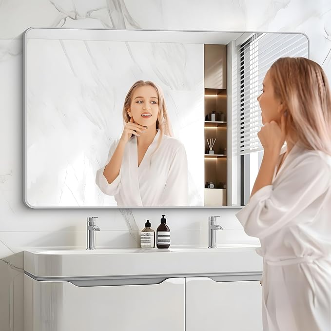 48x30 Inch Silver Bathroom Mirror, Metal Framed Silver Rectangle Mirrors, Rounded Rectangular Vanity Mirror, Wall Mounted Mirrors for Living Room Bedroom Entryway Hangs Horizontal or Vertical