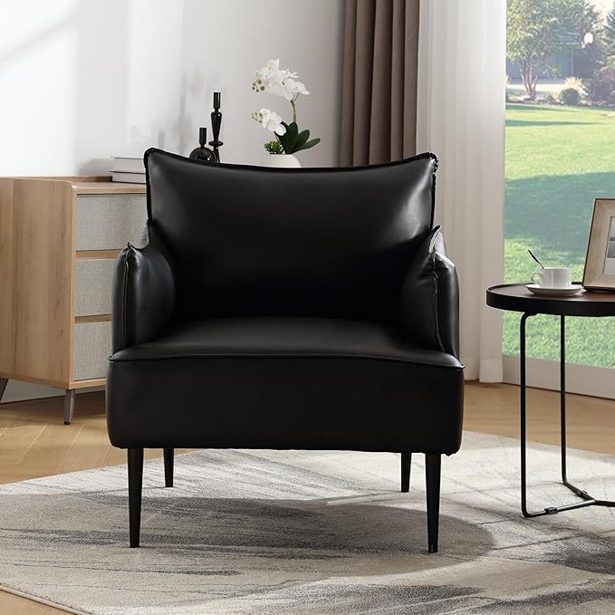 Mid Century Modern Accent Chairs Armchairs Set of 2, Black PU Leather Living Room Chair Sofa Lounge Chair with Metal Legs Reading Chair with Armrest for Bedroom Office Apartment