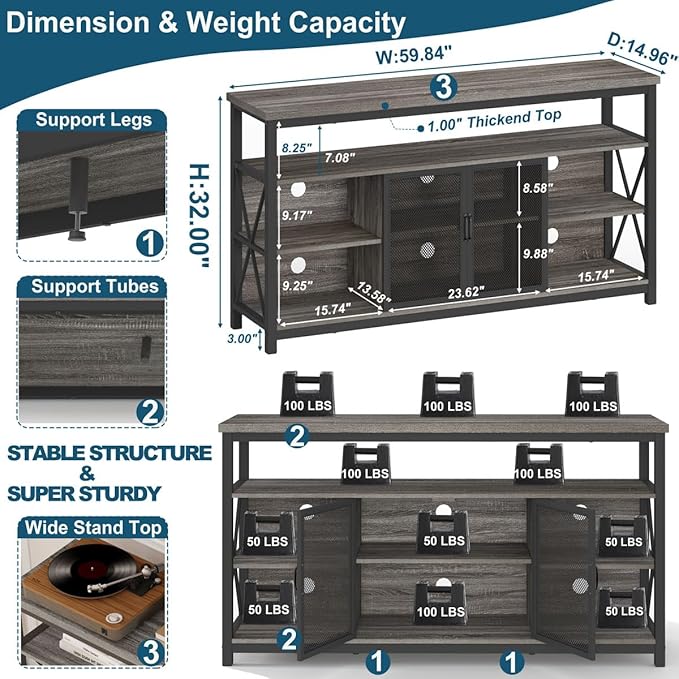 BON AUGURE Tall TV Stand for TVs up to 65 Inch, Industrial Entertainment Center with Storage Cabinet, Rustic Wood Media Console Table for Living Room and Bedroom (32 Inch High, Grey Oak)