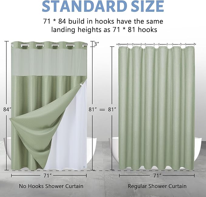 Furlinic Waffle Weave No Hook Shower Curtain with Snap in Liner,Honeycomb Textured Bathroom Curtains with See Through Top Window,Waterproof & Machine Washable,Hotel Quality,Sage Green,71x84 Inch