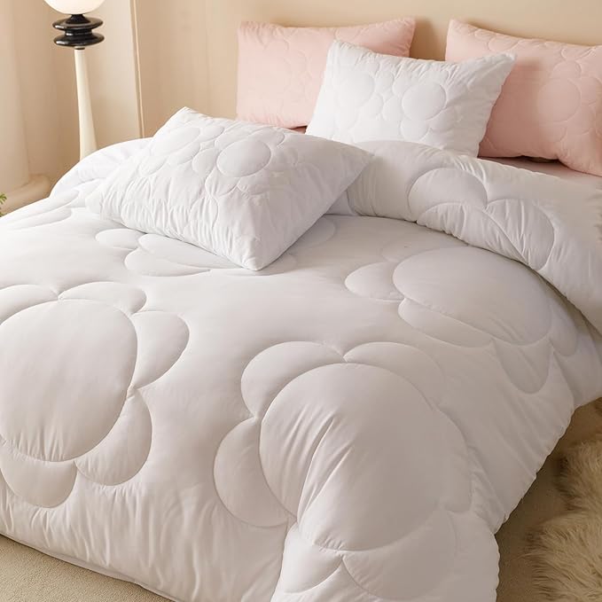 CLOTHKNOW White California King Comforter Sets Daisy Puff Pattern Bedding Comforter Sets Soft Boho Comforter with 2 x Pillow Cases