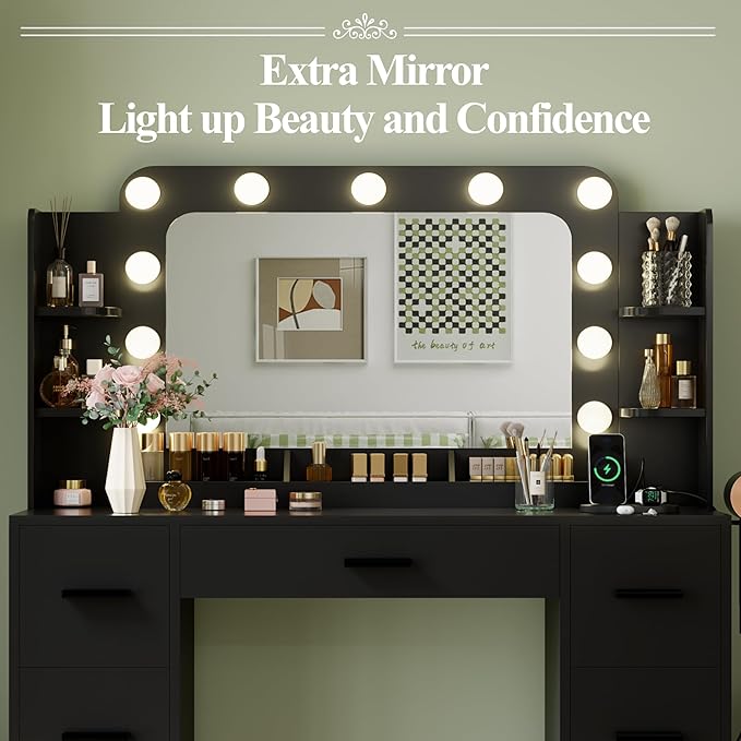 JUMMICO Makeup Vanity Desk with Large Mirror and Lights, Vanity with Power Strip and Hairdryer Holder, 6 Open Shelves and 7 Drawers Modern Dressing Table, for Bedroom (Black)