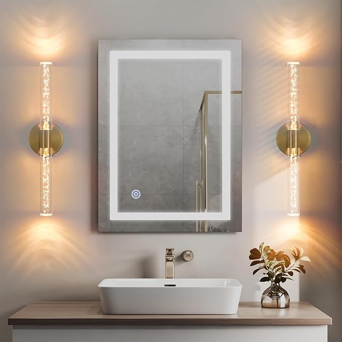 Battery Operated Wall Sconces Set of Two, Gold 20'' Rechargeable Crystal Bubble Wall Sconce with Remote Control, 3000K-6000K Dimmable LED Wireless Wall Lights for Living Room Bedroom Bathroom Hallway