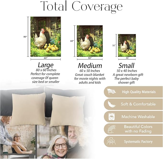 Rooster & Chick Blanket, Soft Cozy Warm Throw Blanket Gifts for Adults Kids Women, Lightweight Comfy Fuzzy Flannel Blankets for Couch, Travel, Car, Home Decor 60×50 Inch