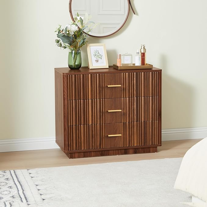 Fluted Dresser for Bedroom with 3 Drawers, 31.5" Wide Modern Chest of Drawers with Metal Handle, Large Storage Dresser, Wood Closet Clothes Storage Organizer for Nursery Living Room, Hallway, Walnut
