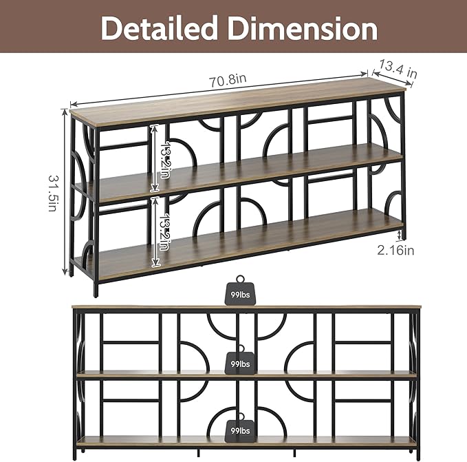 70.9-Inch Industrial Sofa Table, Extra Long Console Table Behind Couch with 3-Tier Storage Shelves, Rustic Brown Finish for Entryway, Living Room, Foyer, Hallway, and Office