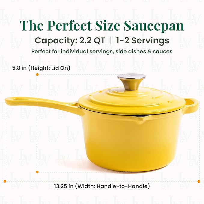 Larder & Vine Enameled Cast Iron Saucepan | 2.2 qt Sauce Pan with Lid | Saucepan with Pour Spouts | Enameled Cast Iron Pot Compatible on All Cooktops & Oven Safe to 500° F | Limoncello