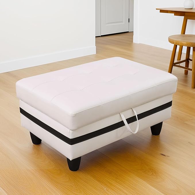 Ottoman Rectangular Storage Ottoman Bench, Faux Leather Footrest, Coffee Table, Stool Footstool with Hinged Lid for Living Room, Bedroom, Entryway, White&Black, 34"x22.8"x17.5"