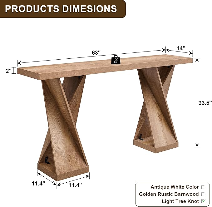 OKD Modern Entryway Table, 63" Twisted Console Table with Wood Pedestal, Farmhouse Sofa Table with Storage, Rustic Entry Table Tor Living Room, Entryway, Hallway, Light Tree Knot