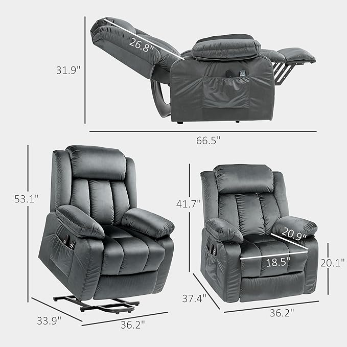 HOMCOM 35" Wide Back Power Lift Recliner Chair for Elderly with Massage and Heat, Electric Lift Chair with Remote Controllers, USB Ports and Side Pockets, Gray