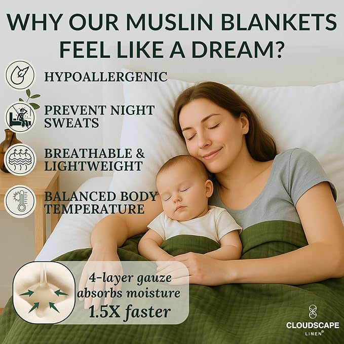 Soft 4 Layer Muslin Blanket Twin Size, 100% Cotton Blanket for Couch, Bed, Sofa, Pre-Washed Gauze, Best for Summer, 68x92, Olive Green