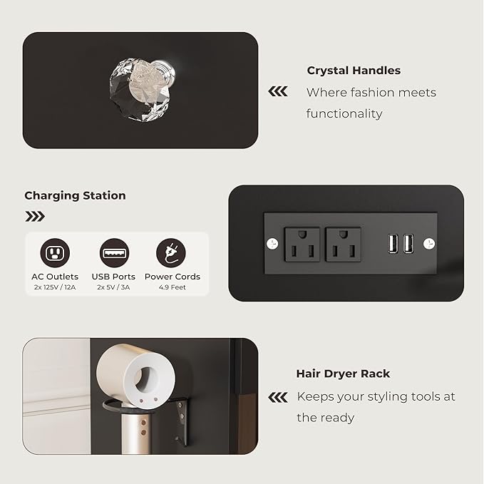 Vanity Desk with Mirror and Lights, 41.4'' Makeup Vanity Desk with 4 Drawers and Large Cabinet, 3 Lighting Modes Adjustable Brightness, Black Vanity with Power Outlet for Bedroom