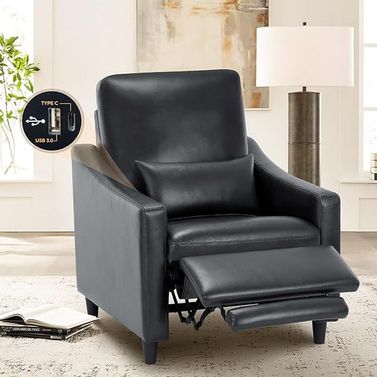 COLAMY Pushback Electric Recliner Chair, Premium Leather Upholstery with Adjustable Angles, Extra Lumbar Pillow, Built-in Charging Port, Electric Recliner Sofa Chair for Living Room,Black