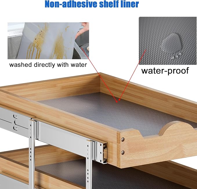 DINDON 3 Tier Pull Out Cabinet Organizer 14”W X21”D Slide Out Shelves With Shelf Liner for Kitchen Wood Roll Out Drawers Pantry Organization