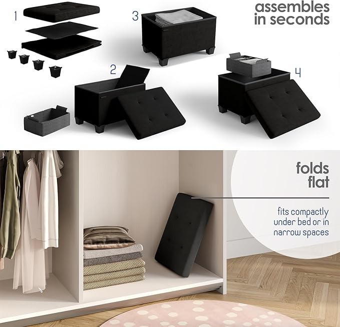 STORAGEBUD Storage Ottoman Cube with Small Bin, 16-in Square Ottoman with Storage for Living Room and Bedroom, Small Ottomans Foot Rest, Velvet Foot Stools Ottomans Max 330lbs, Black