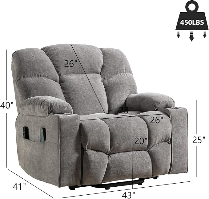 CANMOV Oversized Power Lift Recliner Chair for Elderly, Big and Tall Electric Recliner Chair with Massage and Heating, Dual Motor Heavy Duty Lift Recliner with USB Port, Cup Holders, Pockets, Grey