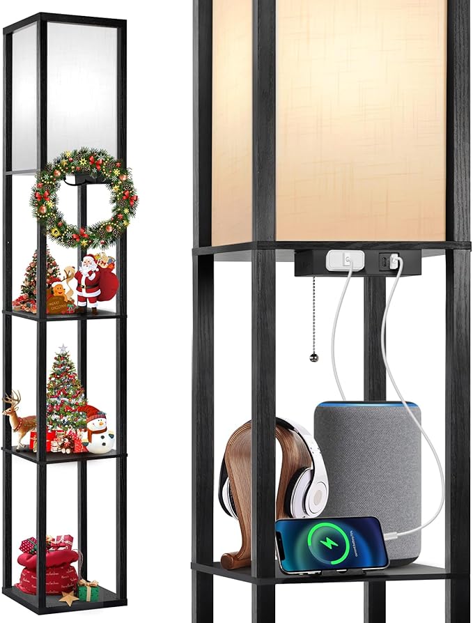 OUTON Floor Lamp with Shelves, LED Shelf Floor Lamp with 1 USB & 1 Type C Ports, 1 AC Outlet, 3 Color Temperature, Storage Display Wood Column Tall Standing Lamp for Living Room, Bedroom Office, Black