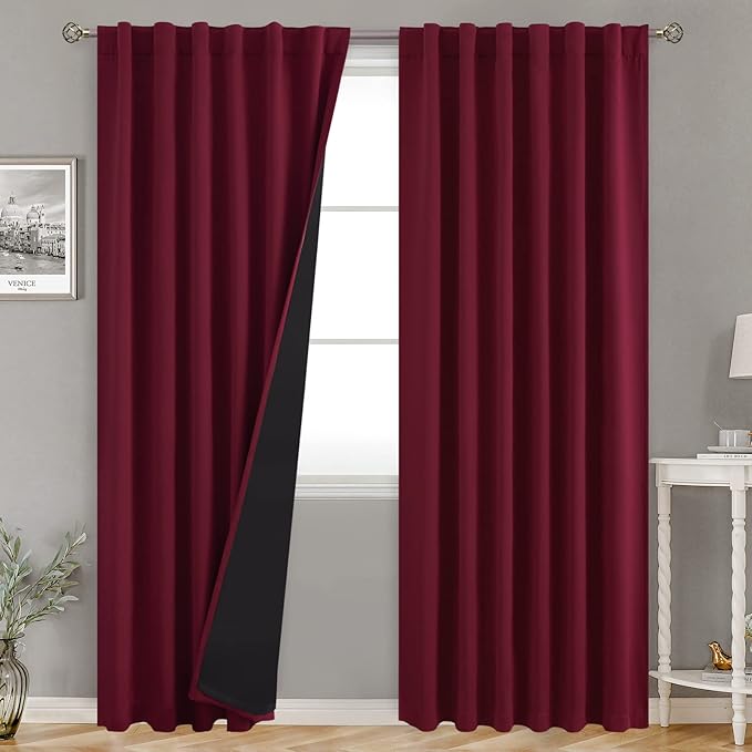 BGment Full Blackout Curtains with Insulated Lining 84 Inches Long，Rod Pocket and Back Tab Double Layer Room Darkening Window Curtain for Bedroom(52 x 84 Inch, 2 Panels, Burgundy Red)