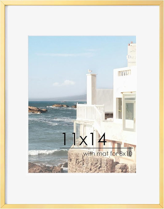11x14 Picture Frame - 11 by 14 Metal Picture Frame With Mat For 8x10 | 14x11 Frame Aluminum | Plexiglass And Hanging Hardware Included | 11x14 Poster Frame | Gold