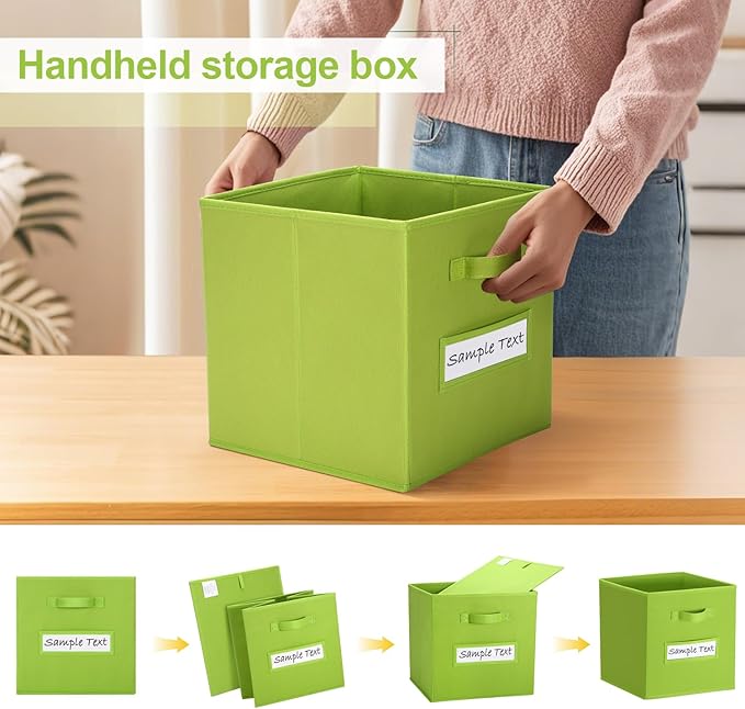 artsdi 11x11 storage cube bins (Set of 10) Foldable Fabric storage cubes with 10 Labels Window Cards & a Pen,11 inch cube storage bin,Closet Organizers for Shelves,Cubby Organizer Boxes,lime green