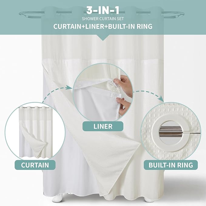 Cream No Hook Waffle Weave Shower Curtain with snap-in Liner Replacement, 230GSM Waterproof Fabric Hotel Shower Curtain Set for Bathroom, Through Mesh Top Window,71Wx74H