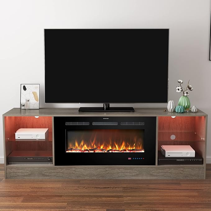 72" Fireplace TV Stand, Entertainment Center with 36" Electric Fireplace, LED Light Wood Storage Cabinet Table, Media Console for TVs Up to 80", Thermostat, 13 Flame Colors, Grey