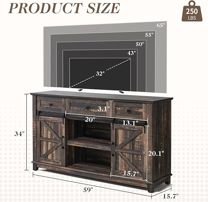 Farmhouse TV Stand with Sliding Barn Door & Drawer, 59" Rustic Entertainment Center for TVs up to 65", Buffet Storage Cabinet for Living Room, Dinning Room, Dark Rustic Oak