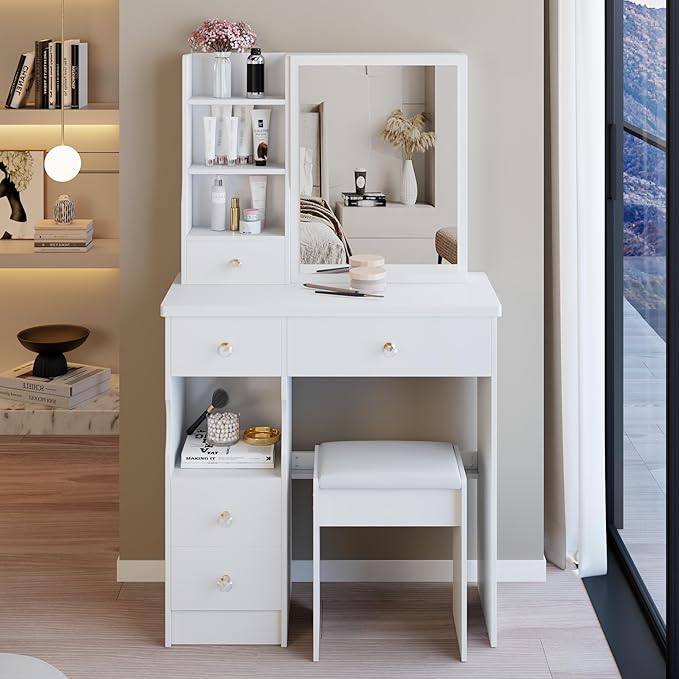 29.2" Small Vanity Desk with Mirror, Makeup Table with Sliding Mirror, Dressing Table with Multi Layer Capacity Storage, Vanity Set with 5 Drawers and Stool for Small Space Bedroom, White