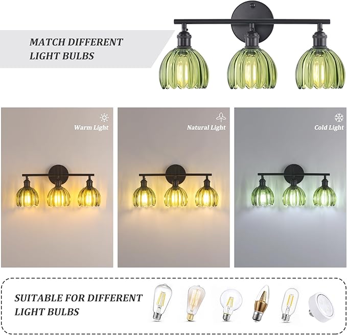 Bathroom Light Fixtures, 3-Light Black Vanity Wall Light Over Mirror with Green Tulip Glass Shade for Bedroom Living Room