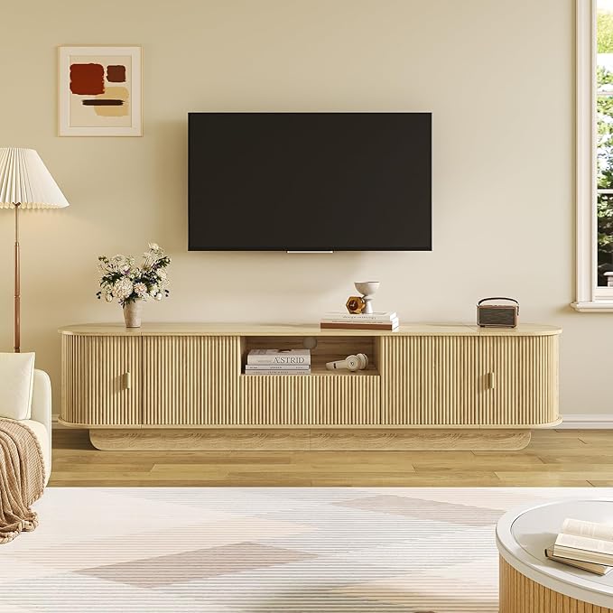 TV Stand and Coffee Table Set of 2,Entertainment Center with Large Storage Cabinet & Open Shelves,86.6'' Modern TV Console,Wood Center Tables for Bedroom, Home Office,Natural