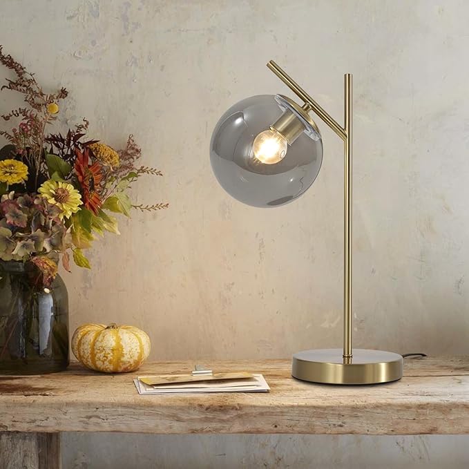 Mid Century Desk Lamp Glass Globe Table Lamp with Gray Glass lampshade Gold Modern Bedside Lamps for Bedroom Living Room Study Room