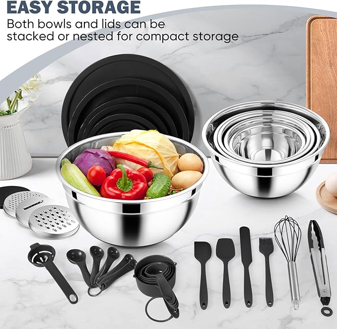 E-far Mixing Bowls with Airtight Lid Set, 25PCS Stainless Steel Nesting Prep Bowls with Grater Attachments Non-Slip Bottoms for Cooking, Baking, Serving, Food Storage, 4.6/2.6/2/1.5/1/0.7QT - Black