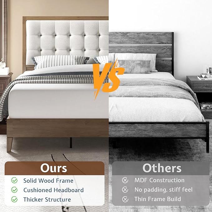 Jocisland Wood King Size Bed Frame,Tall Upholstered Tufted Headboard, Solid Wood Platform, No Box Spring Needed, Ash Gray