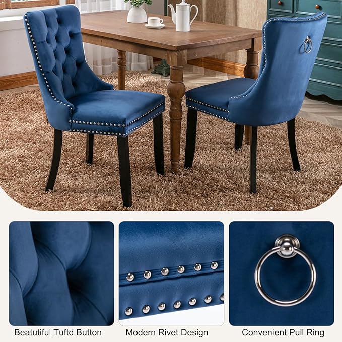 3-Piece Faux Marble Round Dining Table Set for 2, Modern Luxury Kitchen Table Set for 2 with Blue Tufted Chairs,Circle Dining Tables with Pandora Grain Top and Black Pedestal Base