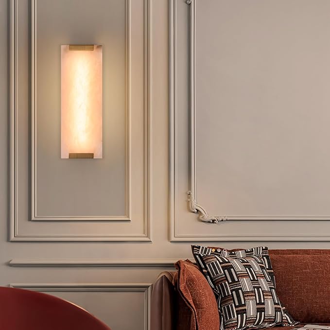 14.2in Alabaster Wall Sconces, Large Natural Marble Wall Sconces Set of Two, LED Modern Wall Lamp for Bedroom, Stairs, Living Room, Vanity, Bedside, Hallway （Brushed Bronze 12W）
