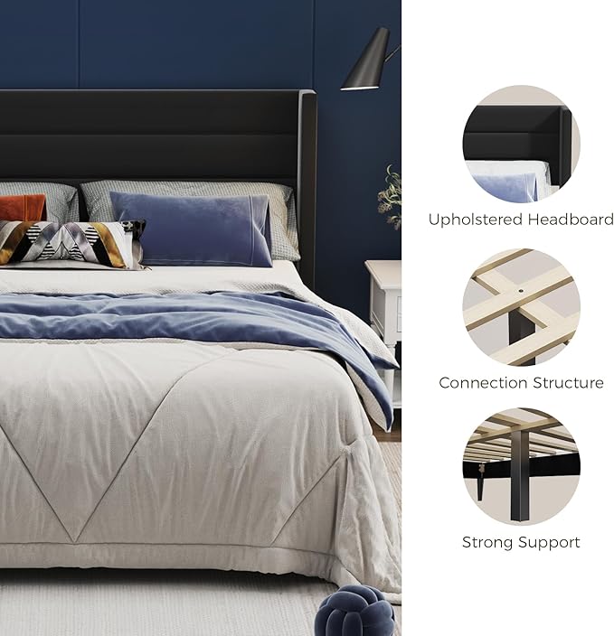 Casaottima Queen Bed Frame Upholstered Platform Bed with Wingback Headboard, Wooden Slats Support, Noise-Free Mattress Foundation, No Box Spring Needed, Easy Assembly, Horizontal Stripe Deep Black