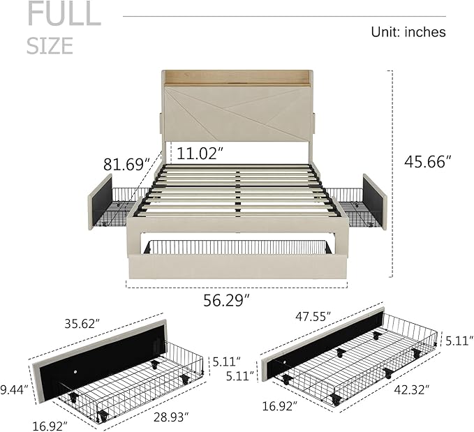 Full Size Bed Frame with 3 Drawers, Upholstered Bed Frame Full Size with Storage Headboard, AC USB & Type C Charge Station, Wooden Support Slats No Box Spring Needed Easy Assembly, Beige