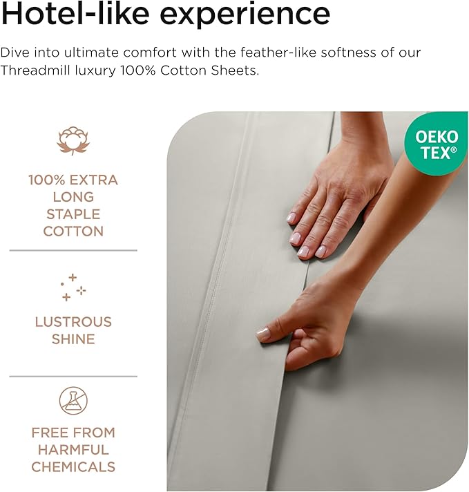 Threadmill Luxury 800 Thread Count King 100% Cotton Sheets - Moonrock Grey Sateen Weave Bed-Sheets, Better Than Egyptian Cotton, 4 Pc Solid Soft Bed Set, Fits 16" Deep Pocket