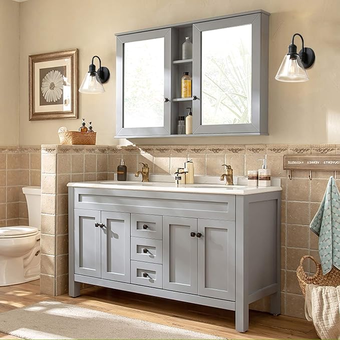 Yosoan 1-Light Vintage Industrial Fixture Light, Funnel Flared Clear Glass Shade with Elegant Gooseneck Curved Rod Wall Sconce for Bathroom Porch Kitchen Living Room Hotel Bar Foyer(Black)